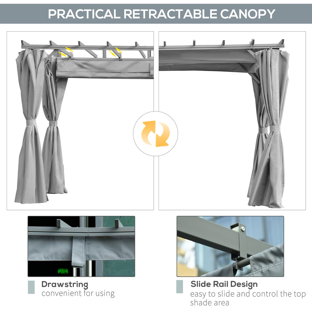3.6 x 3(m) Outdoor Pergola with Retractable Roof and Curtains, Garden Gazebo Canopy Sun Shade Shelter with Aluminum Frame, Dark Grey