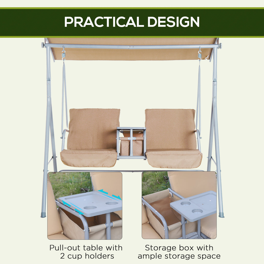 Outsunny 2 Seater Garden Swing Chair Patio Rocking Bench w/ Tilting Canopy, Double Padded Seats, Storage Bag and Tray, Beige