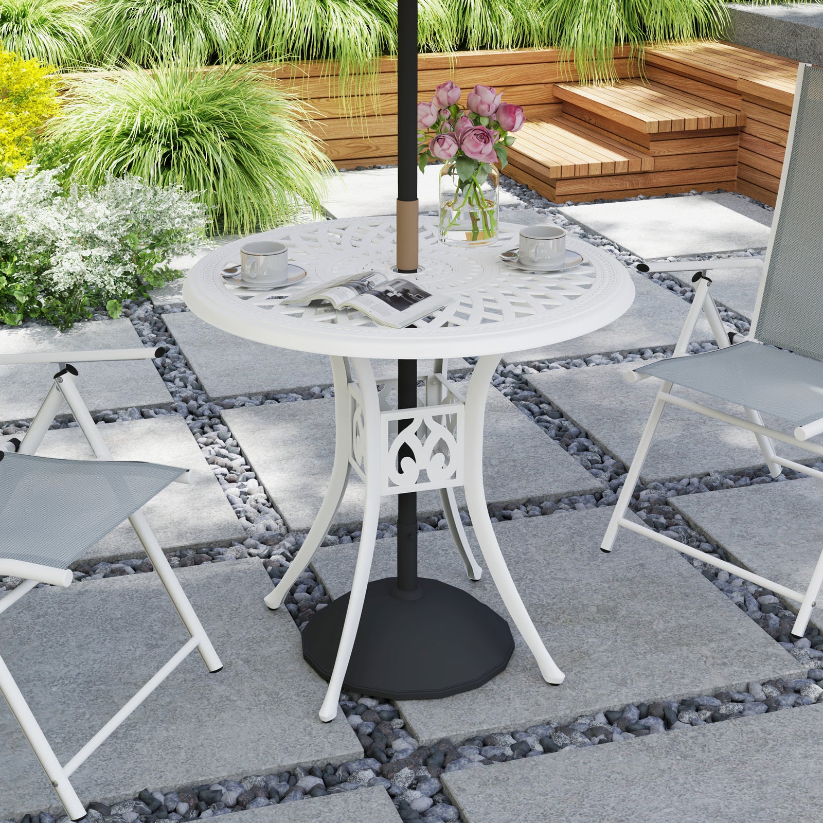 78 cm Round Garden Dining Table with Parasol Hole Antique Cast Aluminium Outdoor Table Only, White