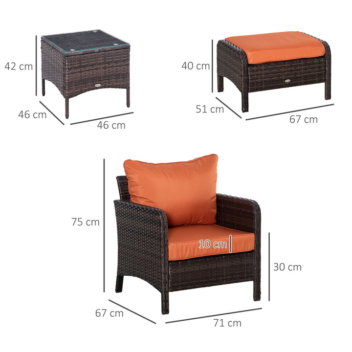 5 Pieces PE Rattan Garden Furniture Set with 10cm Thick Padded Cushions, Wicker Weave Outdoor Seating Chairs with 2 Armchairs, 2 Stools, Glass Top Table, Brown