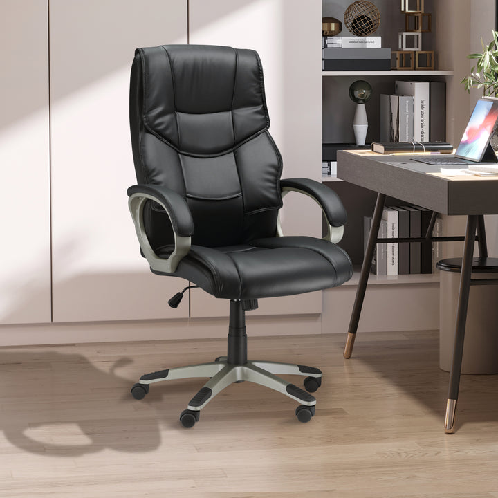 HOMCOM Comfortable Desk Chair Faux Leather Office Chair w/ Adjustable Height & Movable Wheels for Work, Study, Lounge and Bedroom, Black | Aosom UK