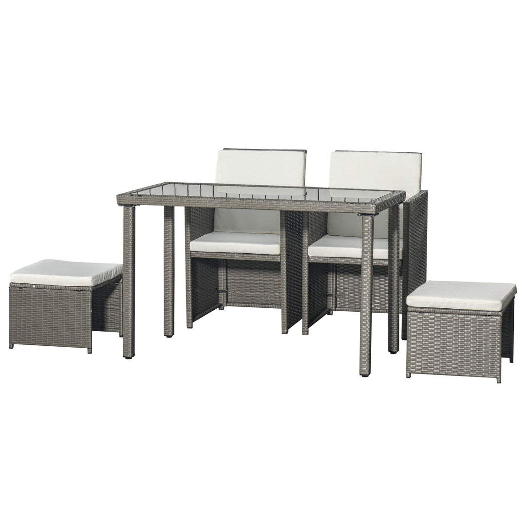 2 Seater Rattan Cube Garden Furniture Set, Rattan Dining Set with Cushions, Outdoor Dining Table and Chairs with 2 Armchairs, 2 Stools, Rectangular Glass Top Table for Patio, Balcony, Grey