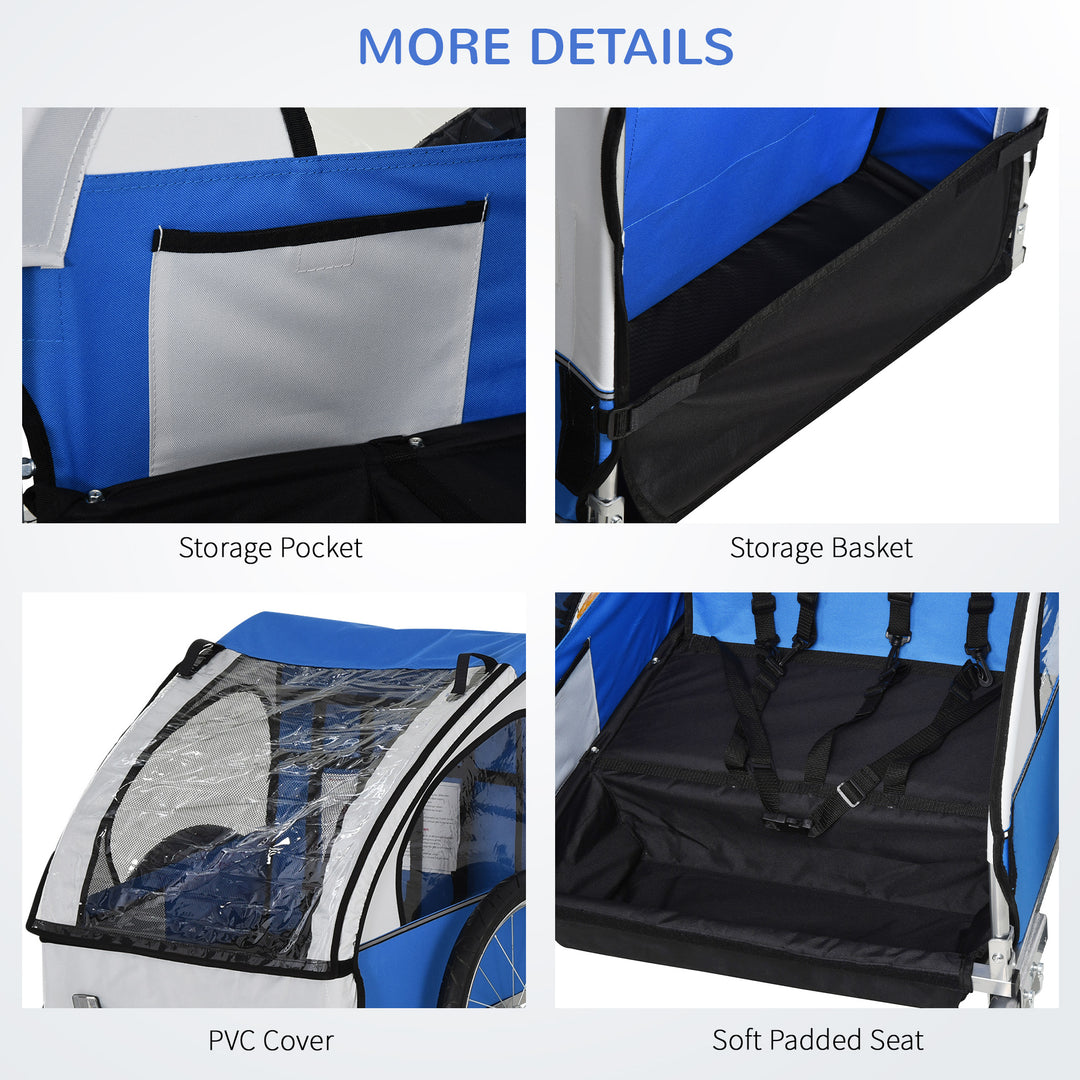 2 Seat Bike Trailer Bicycle wagon for Kids Child Steel Frame Safety Harness Seat Carrier Hitch Coupler Blue White 130 x 76 x 88 cm