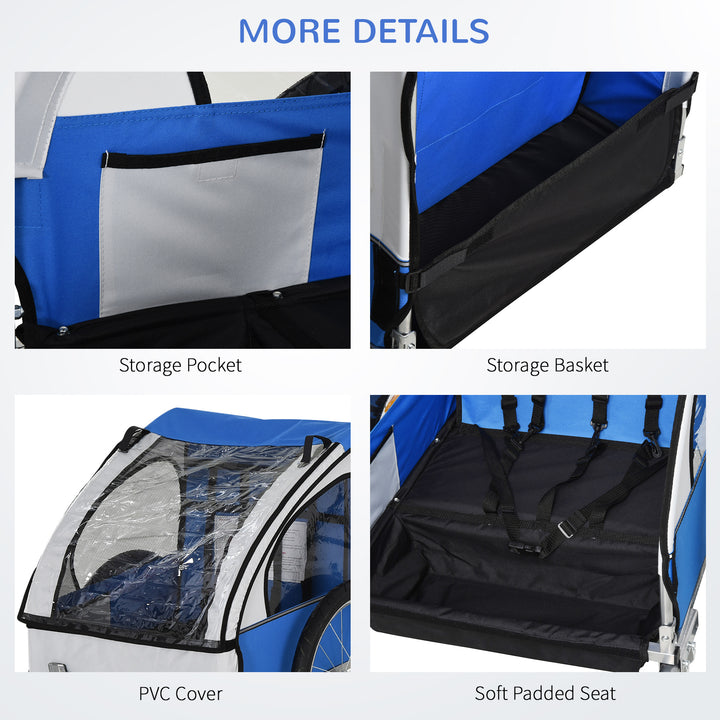 2 Seat Bike Trailer Bicycle wagon for Kids Child Steel Frame Safety Harness Seat Carrier Hitch Coupler Blue White 130 x 76 x 88 cm
