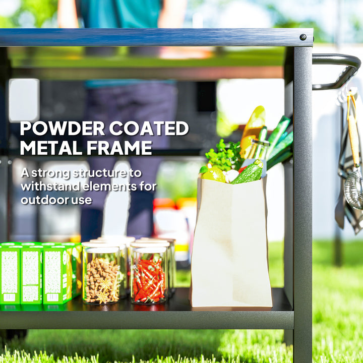 Outdoor Grill Dining Cart 2-Shelf Movable Pizza Oven Table Stand with Stainless Steel Top, Portable BBQ Trolley Food Prep Outdoor Kitchen BBQ Station with Hooks Wheels Handle, Charcoal Grey