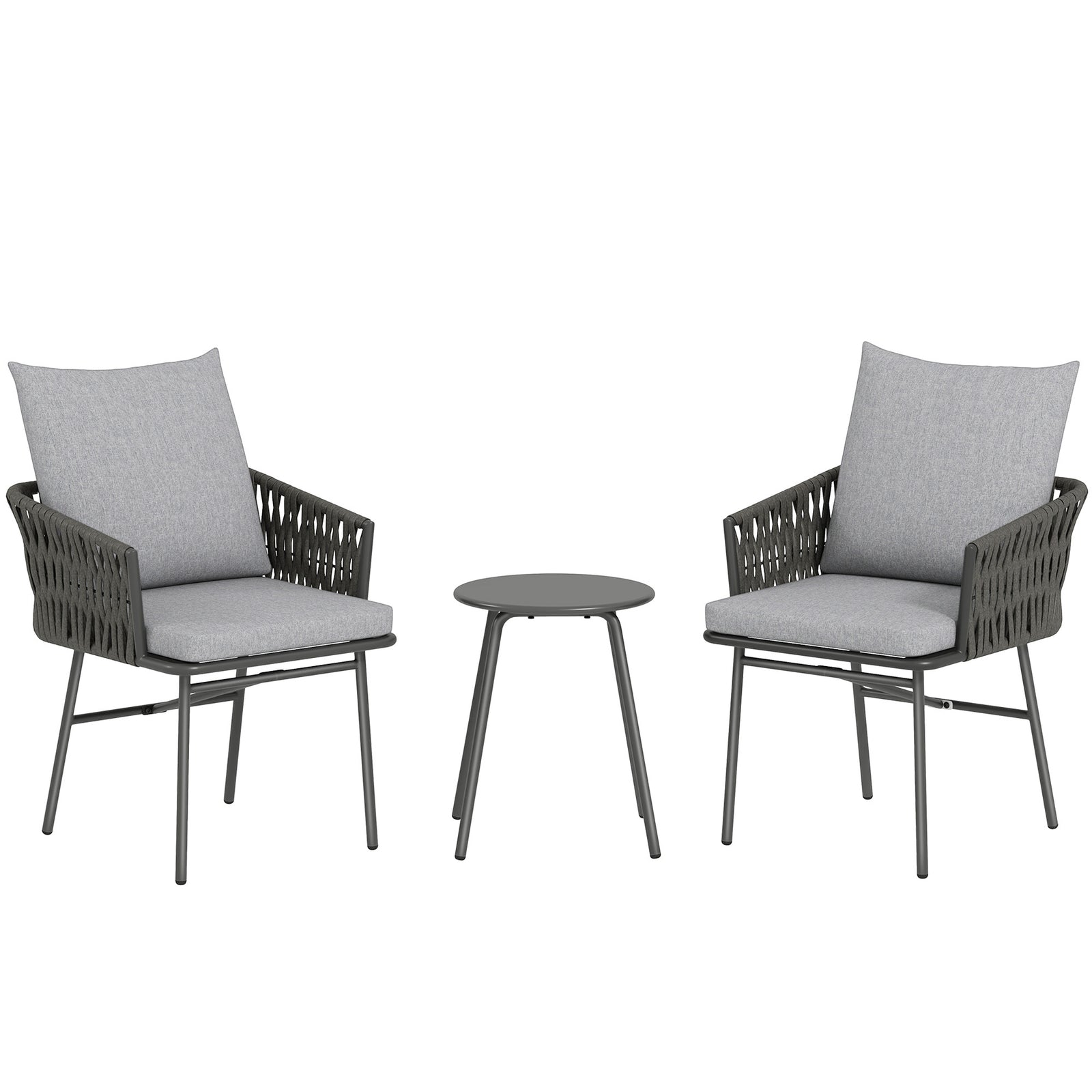 3-Piece Rattan Bistro Set, Garden Table and Chairs with 4 Cushions, Patio Rattan Conversation Furniture Set for Balcony, Porch, Terrace, Grey