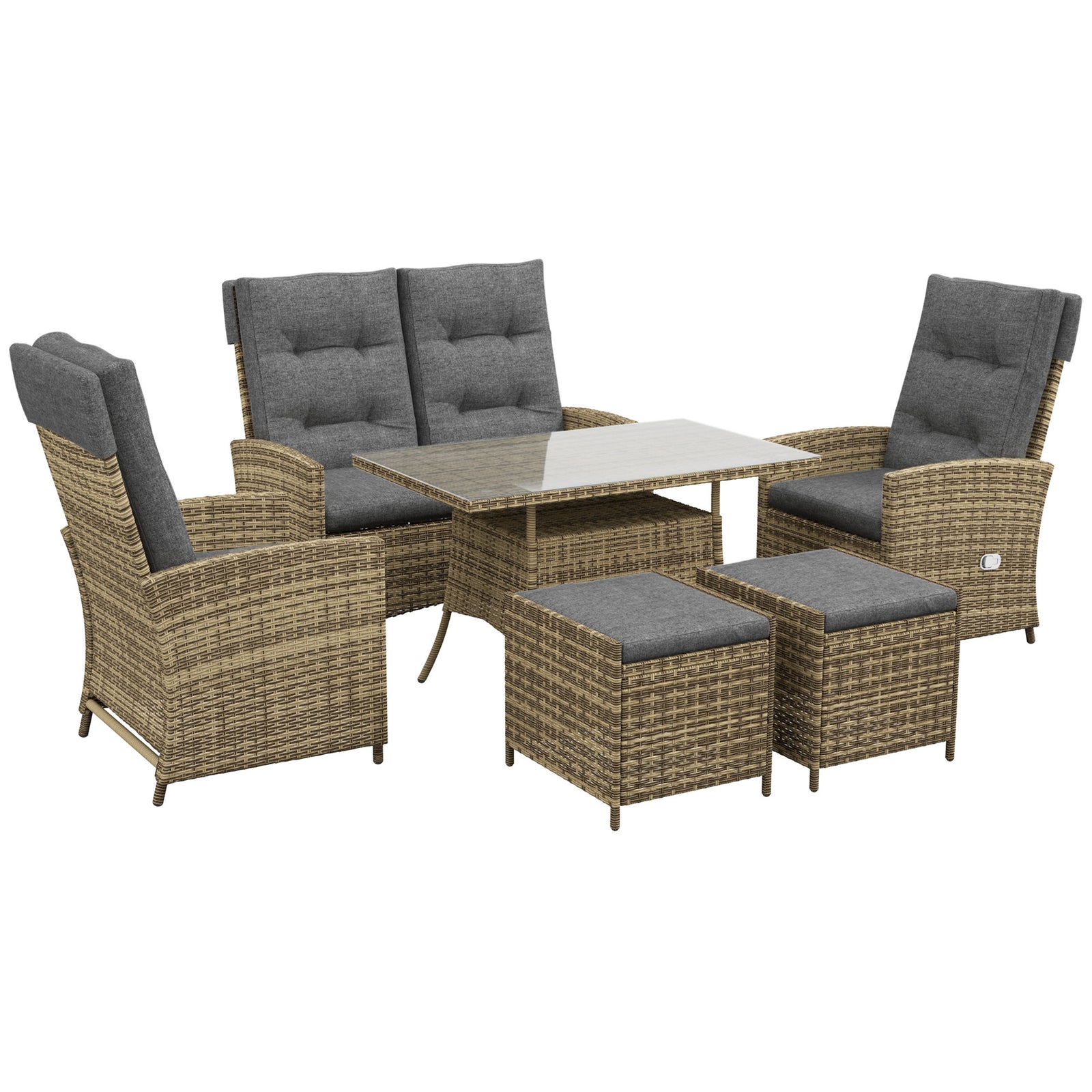 Six-Piece Rattan Garden Set, with Reclining Chairs - Grey