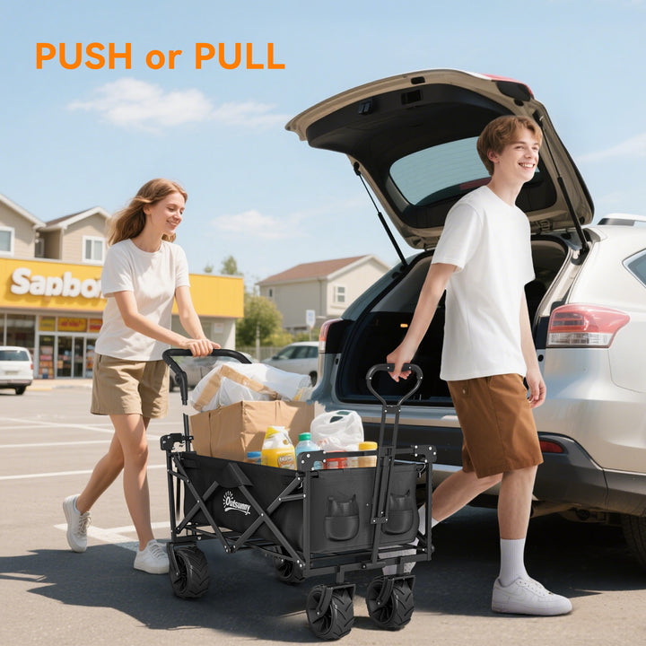 Folding Trolley Cart Storage Wagon Beach Trailer 4 Wheels with Handle Overhead Canopy Cart Push Pull for Camping, Black