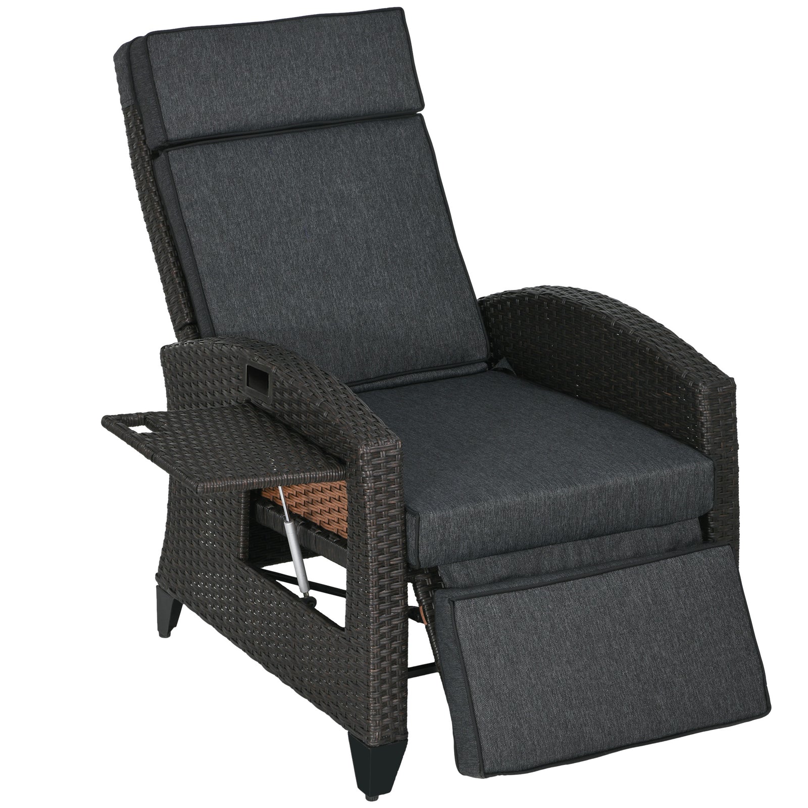 Outdoor Recliner Chair with Adjustable Backrest and Footrest, Cushion, Side Tray, Dark Grey/Brown
