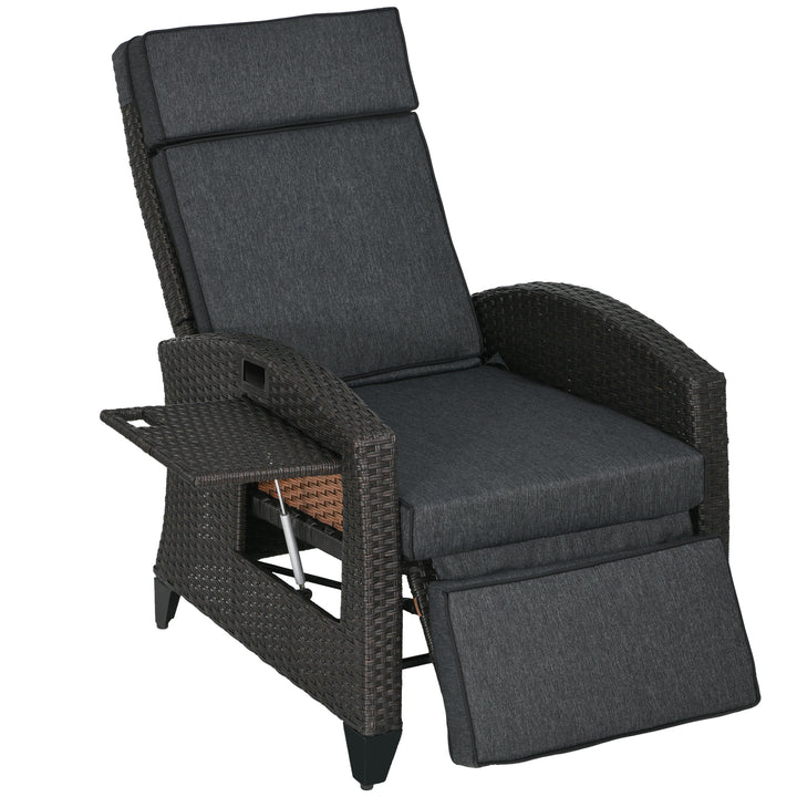 Outdoor Recliner Chair with Adjustable Backrest and Footrest, Cushion, Side Tray, Dark Grey/Brown