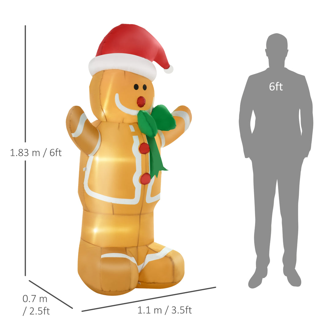 6ft Christmas Inflatable Gingerbread Man & Santa Hat Safe Outdoor Decoration w/ LED Lights Accessories