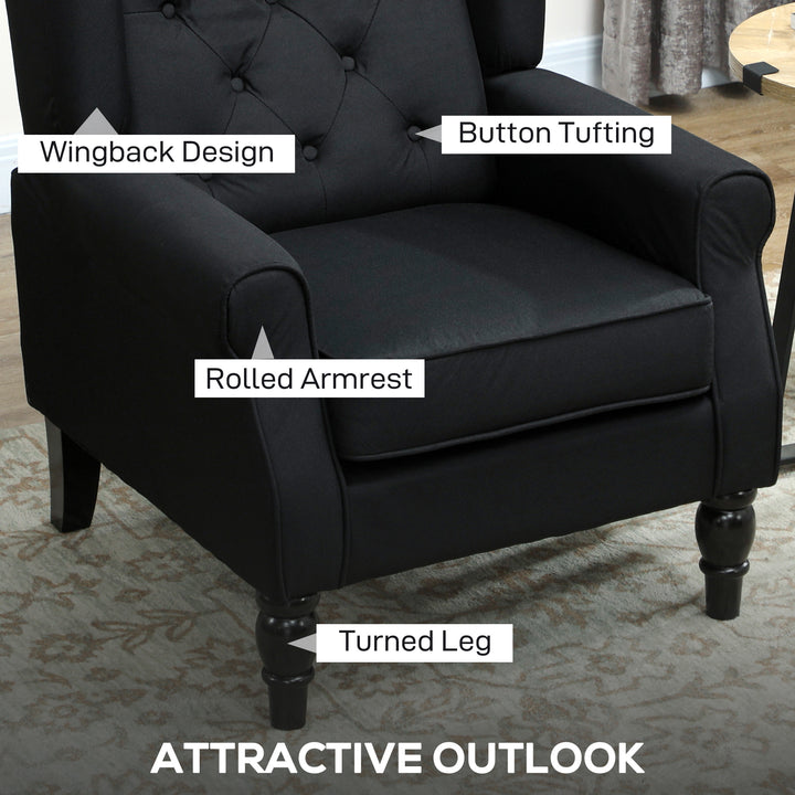 Retro Accent Chair, Linen Wingback Armchair with Wood Frame Button Tufted Design for Living Room Bedroom, Black
