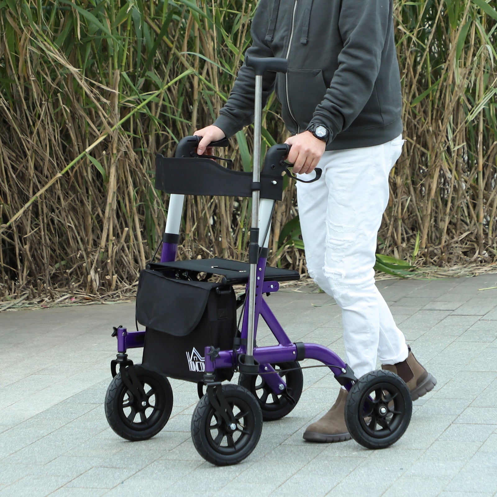 Folding Rollator Walker with Seat, Backrest, Lightweight Walking Frame with Storage Bag, Dual Brakes, All-terrain Wheels, Adjustable Handle Height, 4 Wheeled Walker for Seniors, Purple