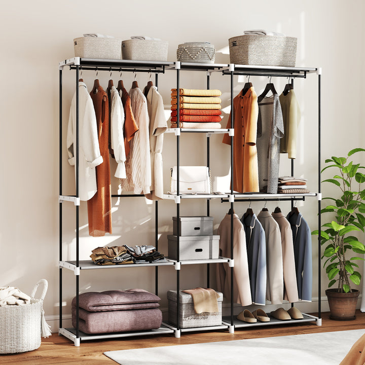 Portable Wardrobe, Open Clothes Wardrobe with 8 Shelves, 3 Hanging Rai