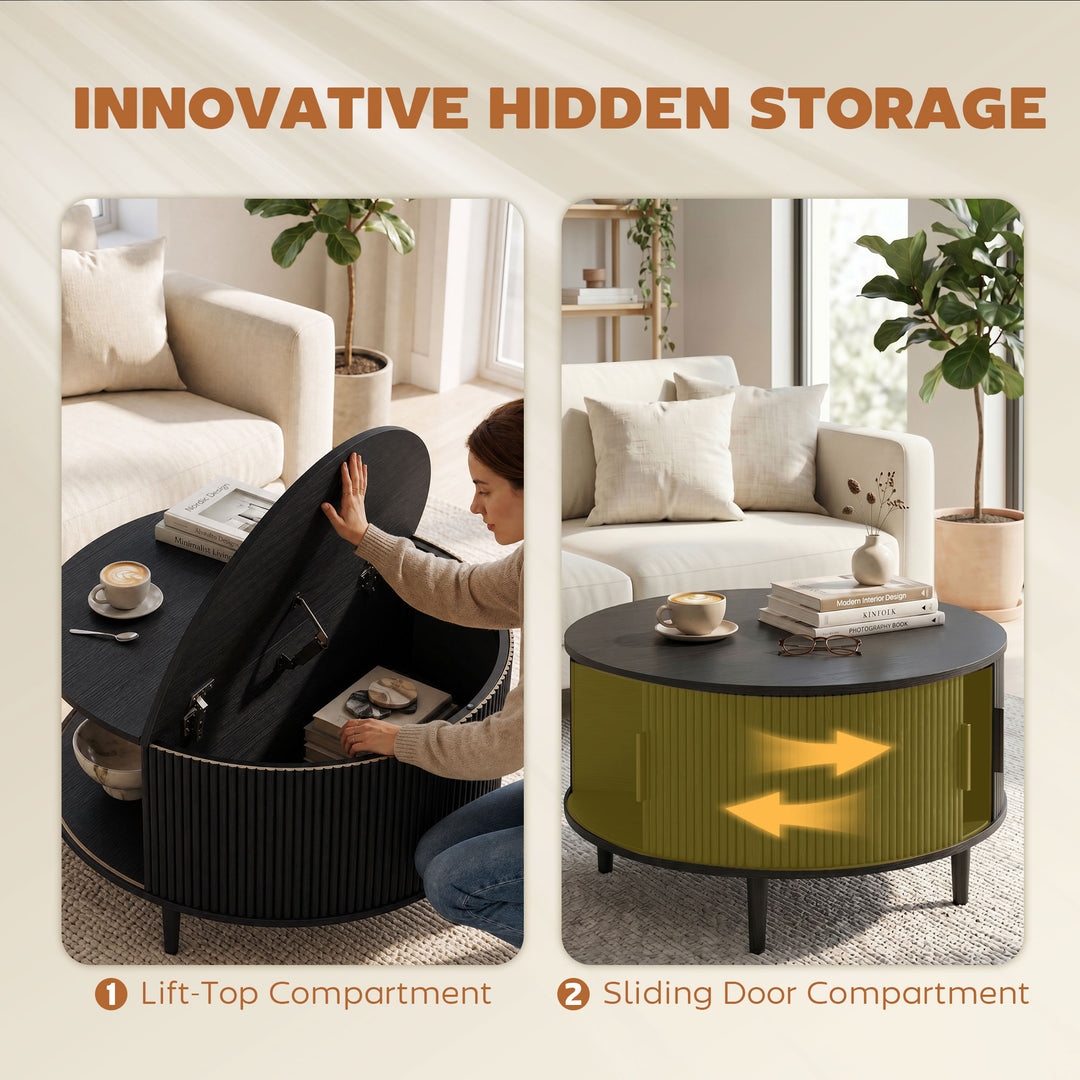 Coffee Table with Lift Top and Hidden Storage, Round Centre Table with