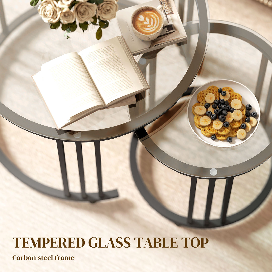 Round Coffee Tables Set of 2, Nesting Tables with Tempered Glass Top a