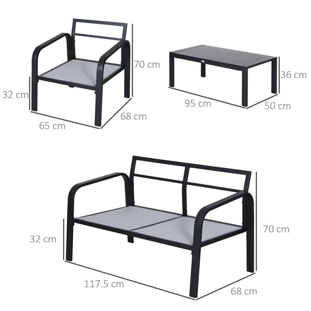 4pcs Garden Sofa Set 2 Single Armchair, 1 Bench & 1 Coffee Table Set Aluminum Frame Patio Furniture with Cushions, Black