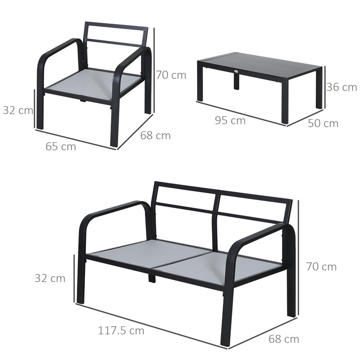 4pcs Garden Sofa Set 2 Single Armchair, 1 Bench & 1 Coffee Table Set Aluminum Frame Patio Furniture with Cushions, Black