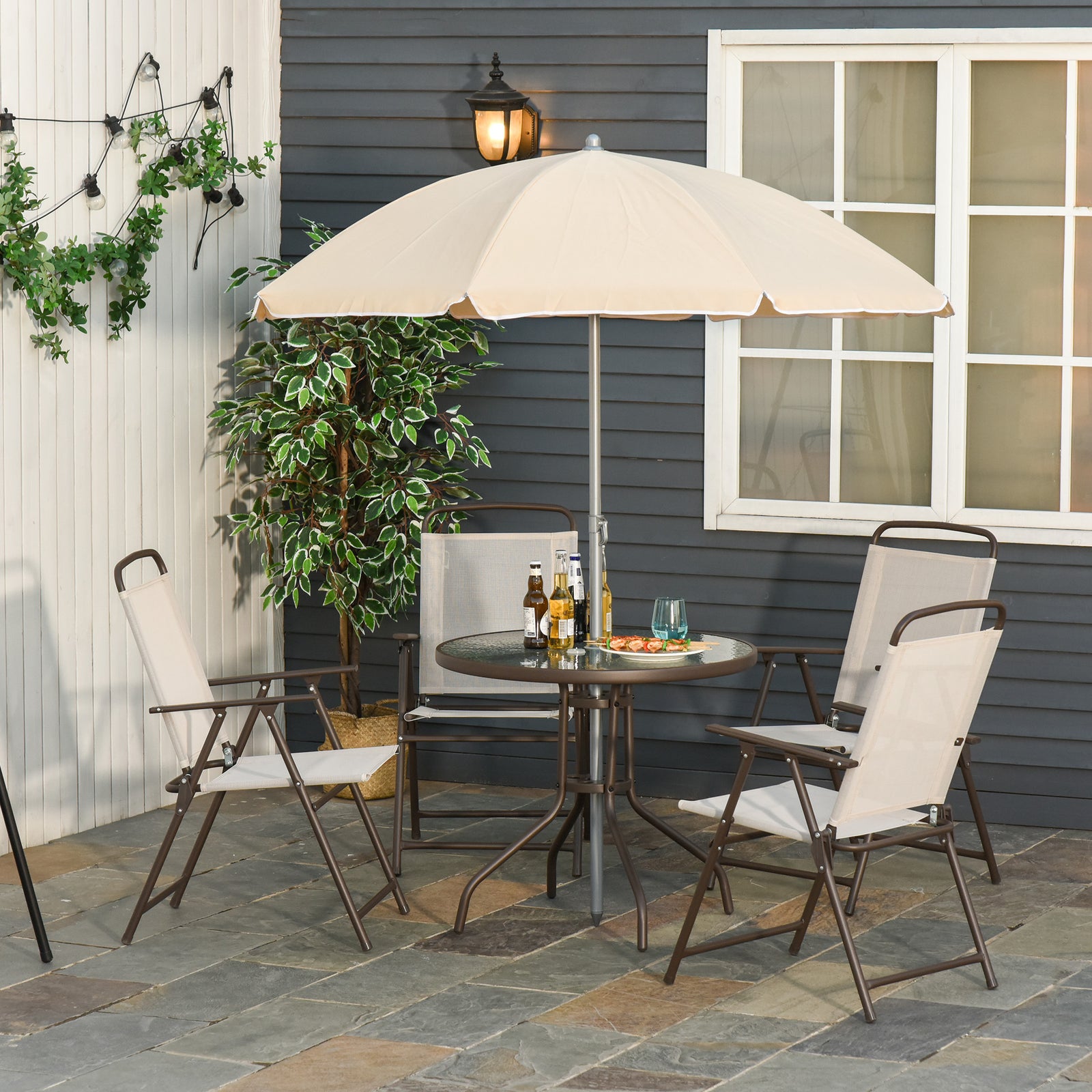 Garden Patio Texteline Folding Chairs Plus Table and Parasol Furniture Bistro Set 6 Pieces - Coffee/Cream