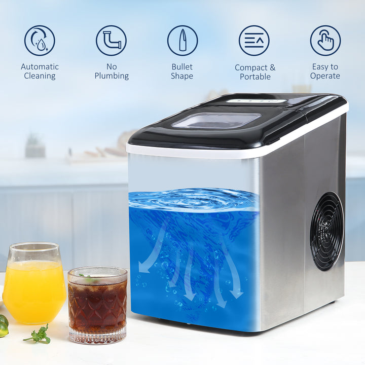 HOMCOM Ice Maker Machine, Counter Top Ice Cube Maker for Home 12kg in 24 Hrs 1.8L w/ Self Cleaning Function Scoop & Basket Stainless Steel | Aosom UK