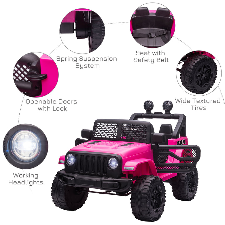 Kids Electric Ride On Car 12V Off Road Toy with Parental Remote Control 2 Motors Horn Lights Suspension Wheels for 3-6 Years Old Pink