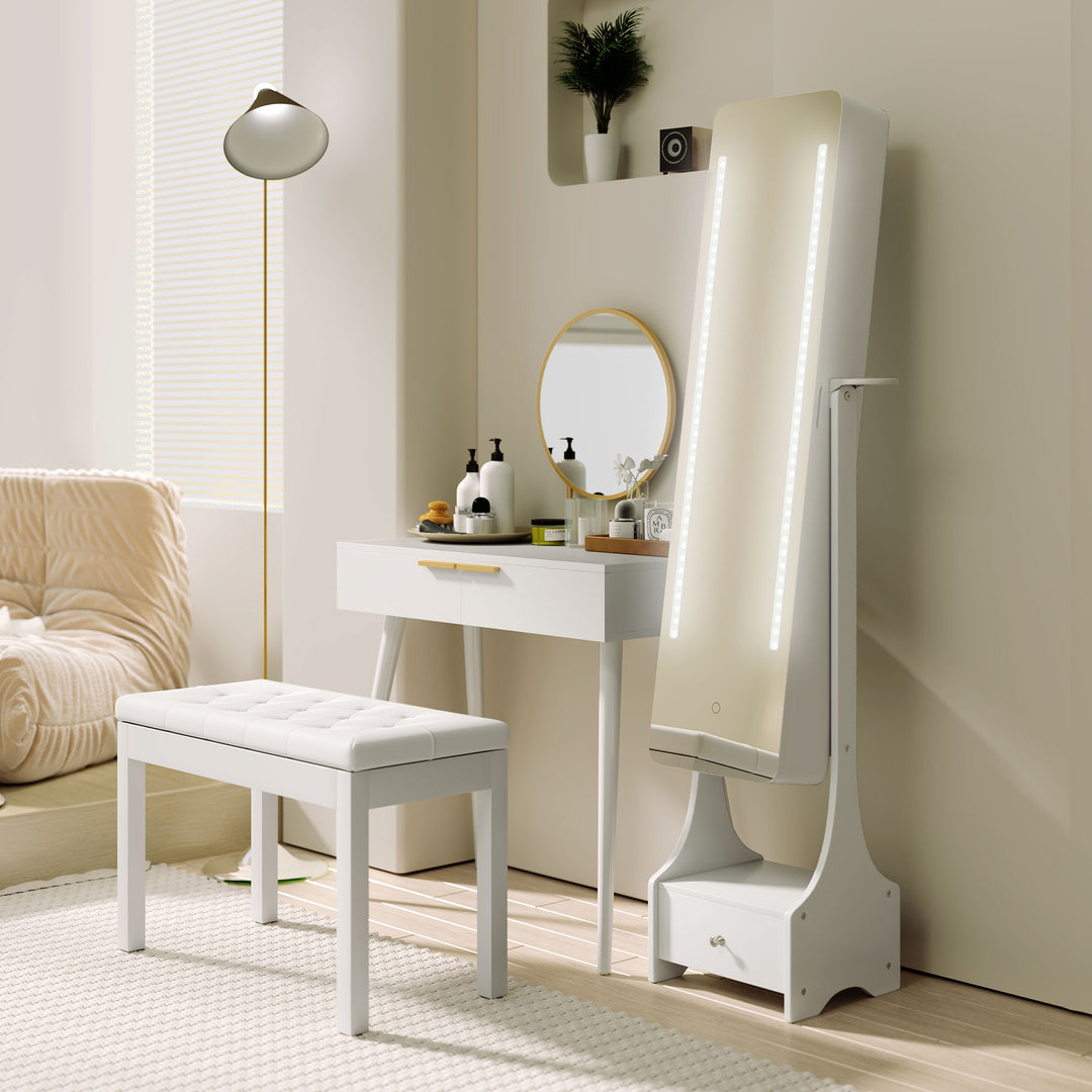 Jewellery Cabinet, Full Length Mirror with Storage, Free Standing Mirror with LED Lights, Hooks, Drawer and Hairdryer Holder for Bedroom, White