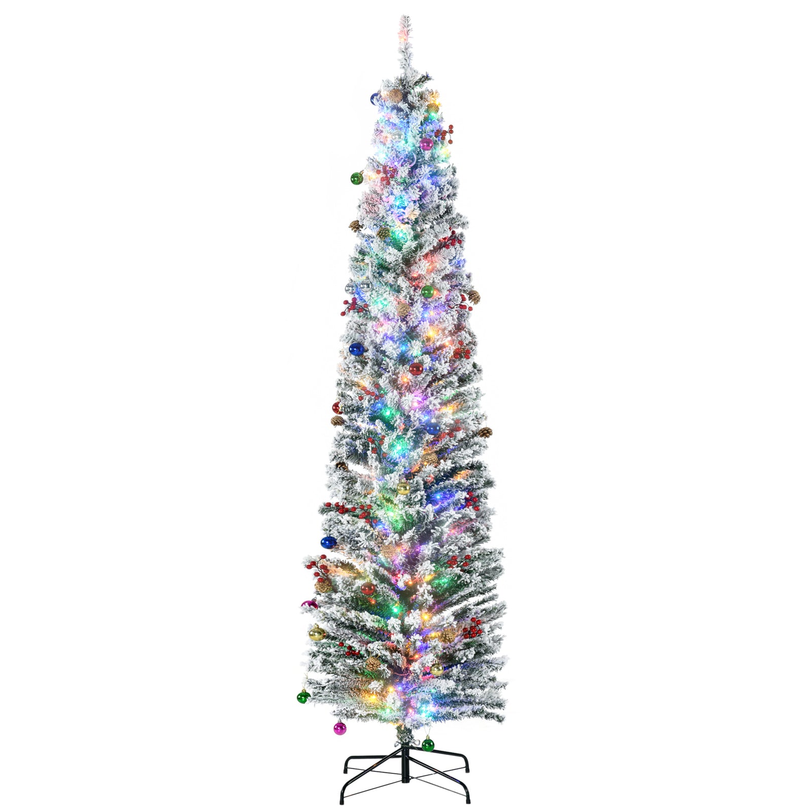 7.5' Artificial Prelit Christmas Trees Holiday Décor with Colourful LED Lights, Flocked Tips, Berry, Pine Cone