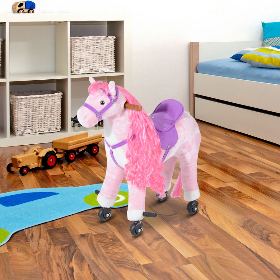 Plush Walking Horse Ride On Toy with Wheels and Realistic Sounds Rocking Horse for Girls Boys 2+ Years Old, 50cm Tall, Pink