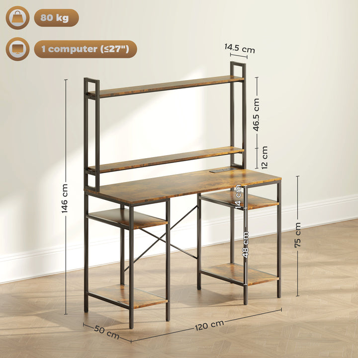 Computer Desk with Power Outlets and LED Lights, Home Office Desk with Monitor Stand, 2 CPU Stands and Storage Shelves, Study Table Gaming Desk with Hutch, Rustic Brown