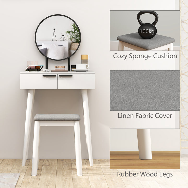 Dressing Table with Mirror and Stool, Vanity Makeup Desk Set with 2 Drawers, Cushioned Stool and Make-up Organiser for Bedroom and Dressing Room, 60 x 40 x 123 cm, White
