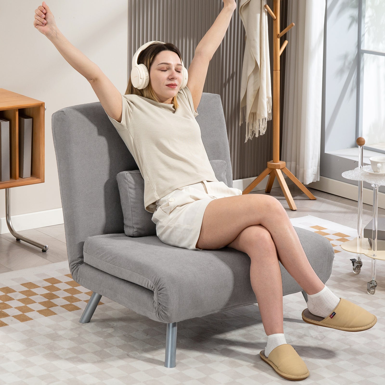 Single Velvet-Feel Chair Bed - Grey