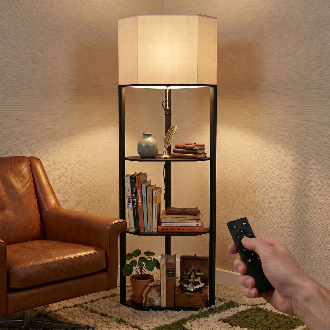 Corner Floor Lamp with Shelves and Lights, Modern Dimmable Standing La
