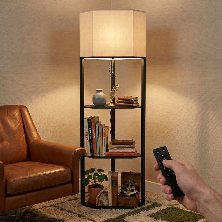 Corner Floor Lamp with Shelves and Lights, Modern Dimmable Standing La