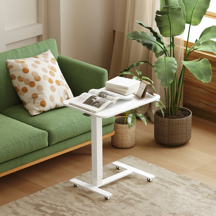 Height Adjustable Standing Desk, Pneumatic Sit Stand Desk for Laptop, Mobile Overbed Table with Wheels for Home Office, White