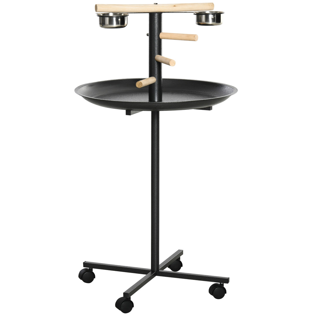 Metal Bird Table Play Stand, Bird Feeder Station Parrot Perch with Four Wheels Feeding Bowls Round Tray