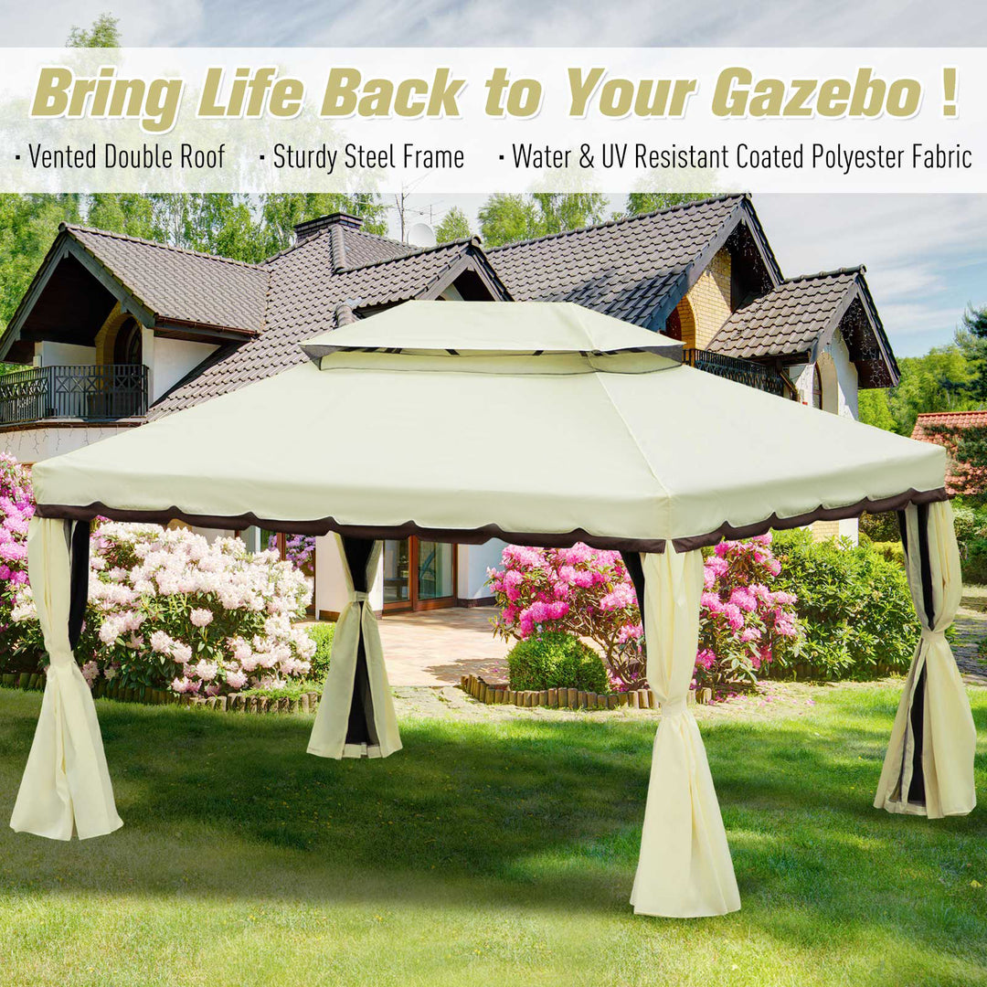 4 x 3 m Aluminum Garden Gazebo, Double Roof Outdoor Gazebo Canopy Shelter with Netting & Curtains for Garden, Lawn, Backyard and Deck, Cream