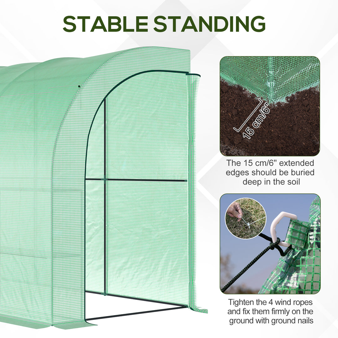 Walk-In Lean to Greenhouse with Windows and Zippered Doors, 2 Tiers 6 Wired Shelves 300L x 150W x 213Hcm Green
