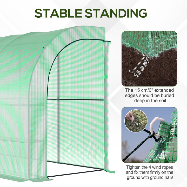 Walk-In Lean to Greenhouse with Windows and Zippered Doors, 2 Tiers 6 Wired Shelves 300L x 150W x 213Hcm Green