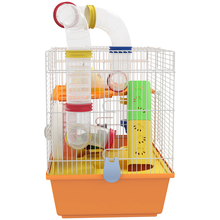 3 Tiers Gerbil Cage, Hamster Cage with Tubes, Exercise Wheel, Ladder, Top Handle, 45 x 28 x 37cm - Orange