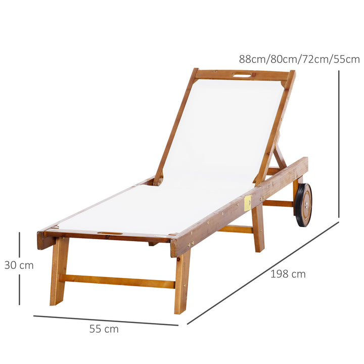 Outdoor Acacia Wood Texteline Beach Sun Lounger Garden Patio Sunbed Recliner Chaise Adjustable Backrest with Wheels