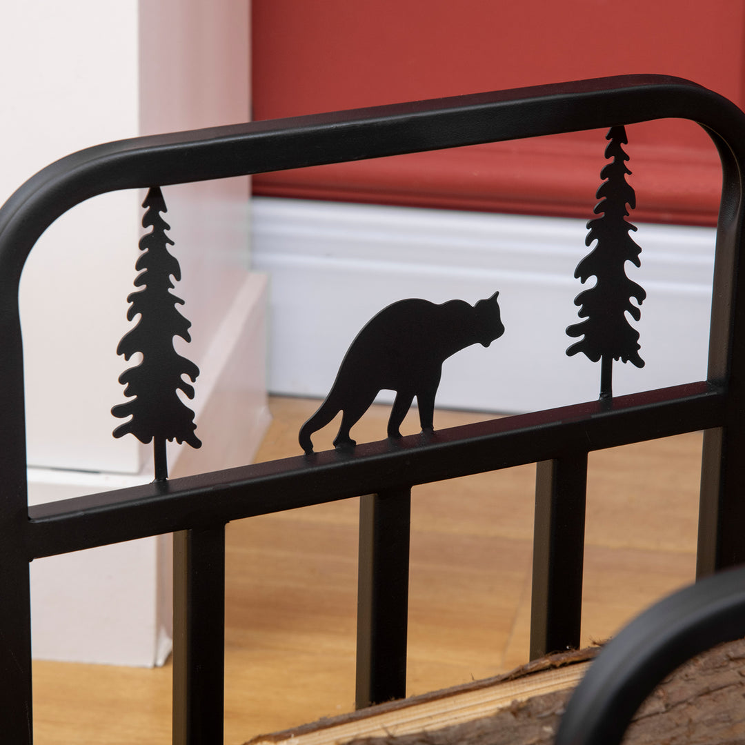 Metal Firewood Log Holder Indoor Outdoor Firewood Rack Inner Arced Fireplace Wood Storage Shelf w/ Bear Shape Design, Rust-Resistant, Black, 42W x 33.5D x 43H cm