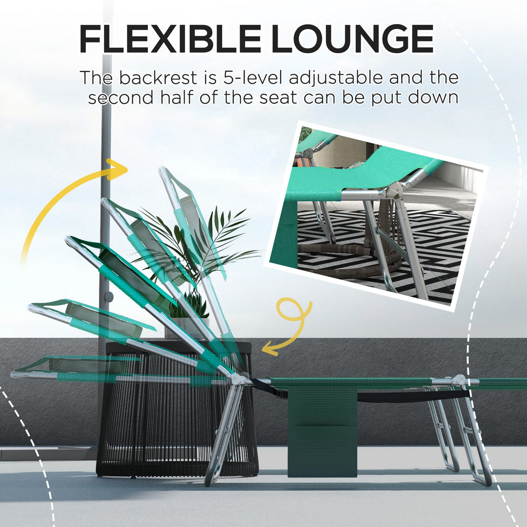 Foldable Sun Lounger Set of 2 with Reading Hole, Portable Sun Lounger with 5 Level Adjustable Backrest, Reclining Lounge Chair with Side Pocket, Headrest Pillow, Green