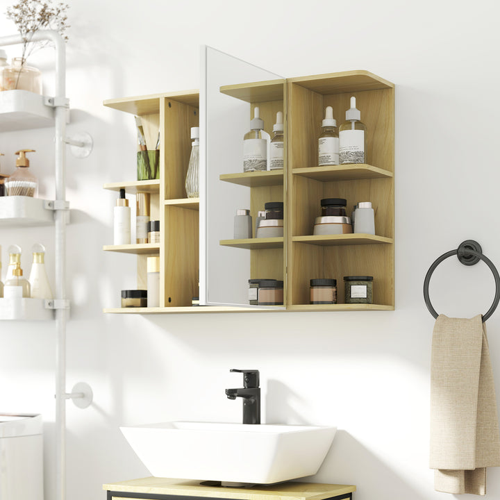 Bathroom Mirror Cabinet with Open Storage Shelves - Natural Wood Finish