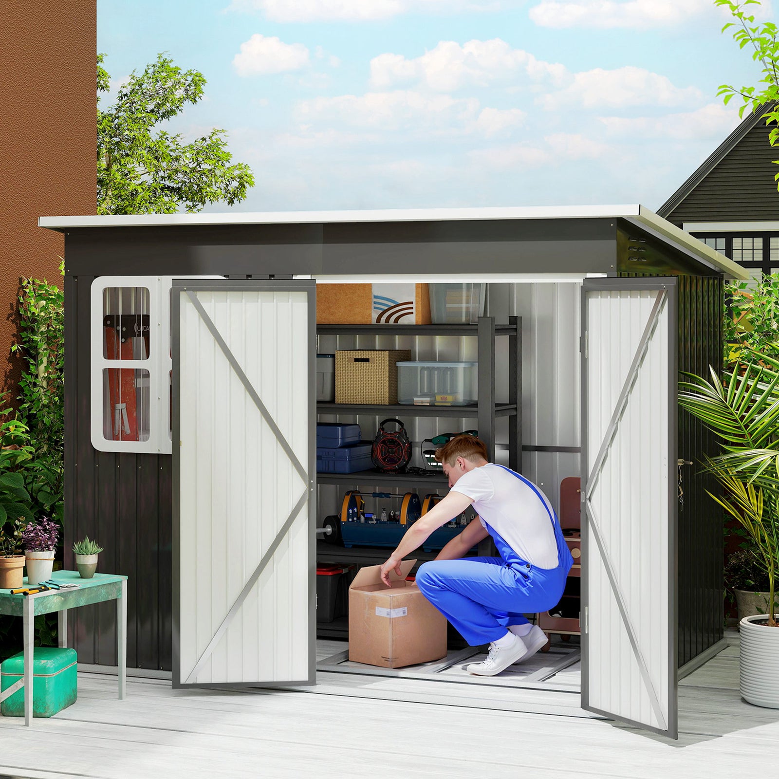 8.5 x 6ft Storage Shed Galvanised Steel Garden Shed, Metal Shed with Foundation Kit, Window, Lockable Wide Doors and Air Vents for Outdoor Patio, Dark Grey