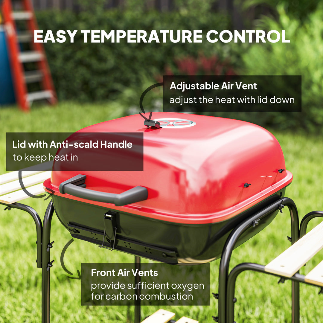 Charcoal Barbecue Grill Portable BBQ Grill with 1840 cm² Cooking Area, 3 Shelves, Adjustable Vent, Lockable Lid, Wheels for Outdoor Cooking, Garden Party, Red
