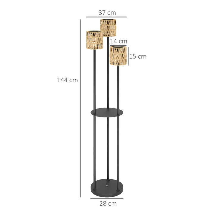 Boho Rattan Floor Lamp, 3-Lights Rattan Lamp with Shelf, Freestanding Solar Garden Light with Auto On/Off Lights, IP44 Waterproof for Porch, Pathway, Deck, Yellow