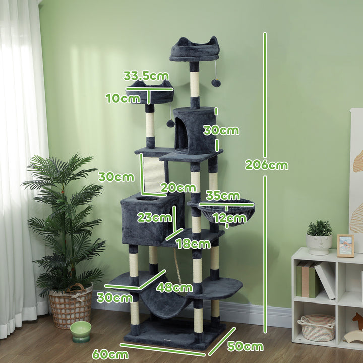 206cm Cat Tree, Multi-Level Cat Tower with Scratching Posts and Board, Beds, Condos, Platforms, Toy Balls, Dark Grey