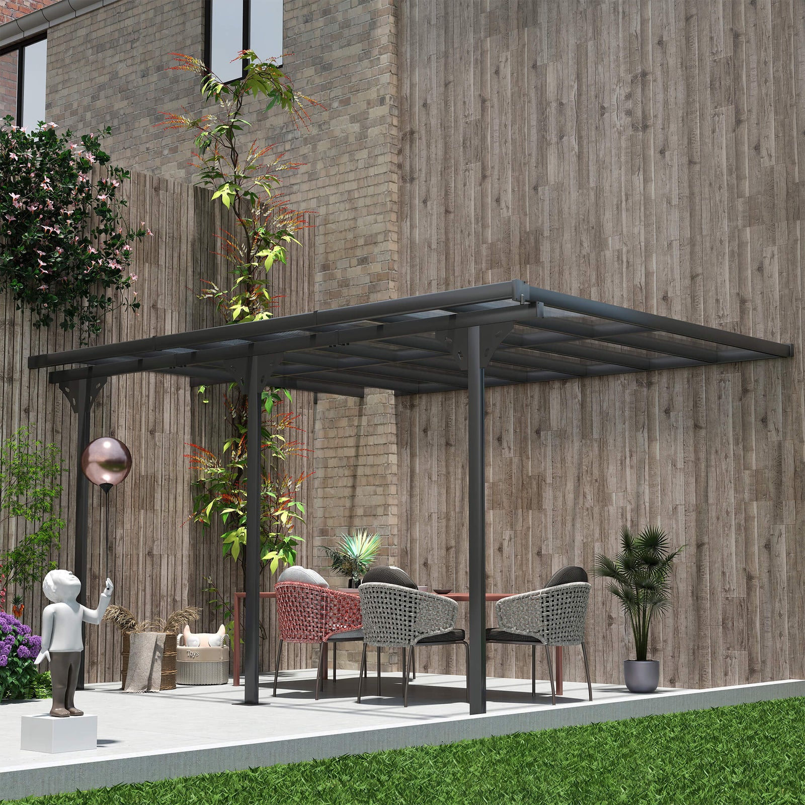 4.35 x 3m Outdoor Patio Gazebo Pergola, Retractable Pergola Canopy Aluminum Post & PC Roof, Grey
