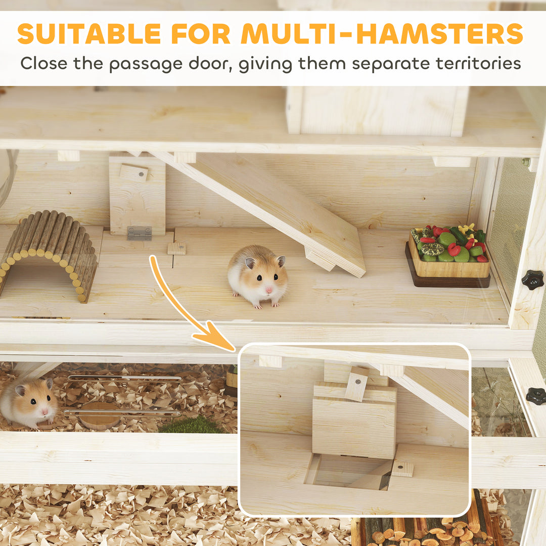 Wooden Hamster Cage with Hut, Wheel, Ramps, Removable Viewing Panels, 