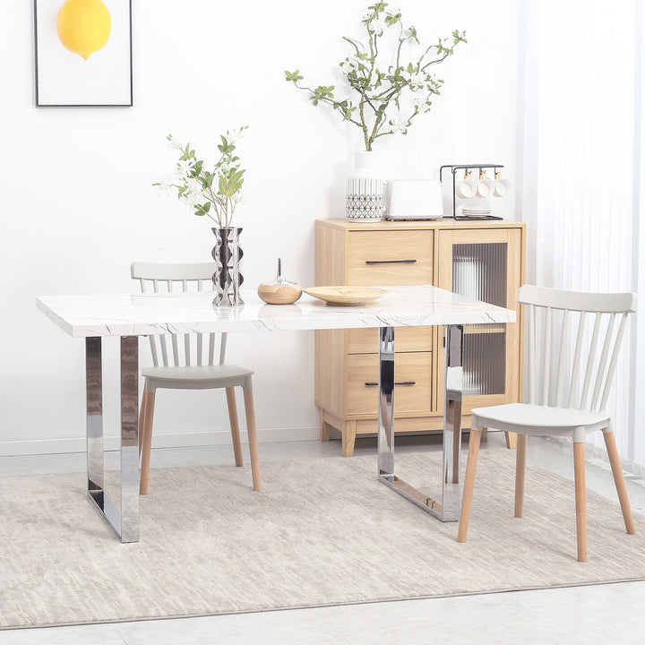 Modern Dining Room Table Rectangular Kitchen Table for 6-8 People with Marble Effect Tabletop Steel Legs 160 cm White